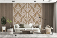 Decorative wallpaper featuring symmetrical abstract botanical patterns in earthy cream and clay colors.