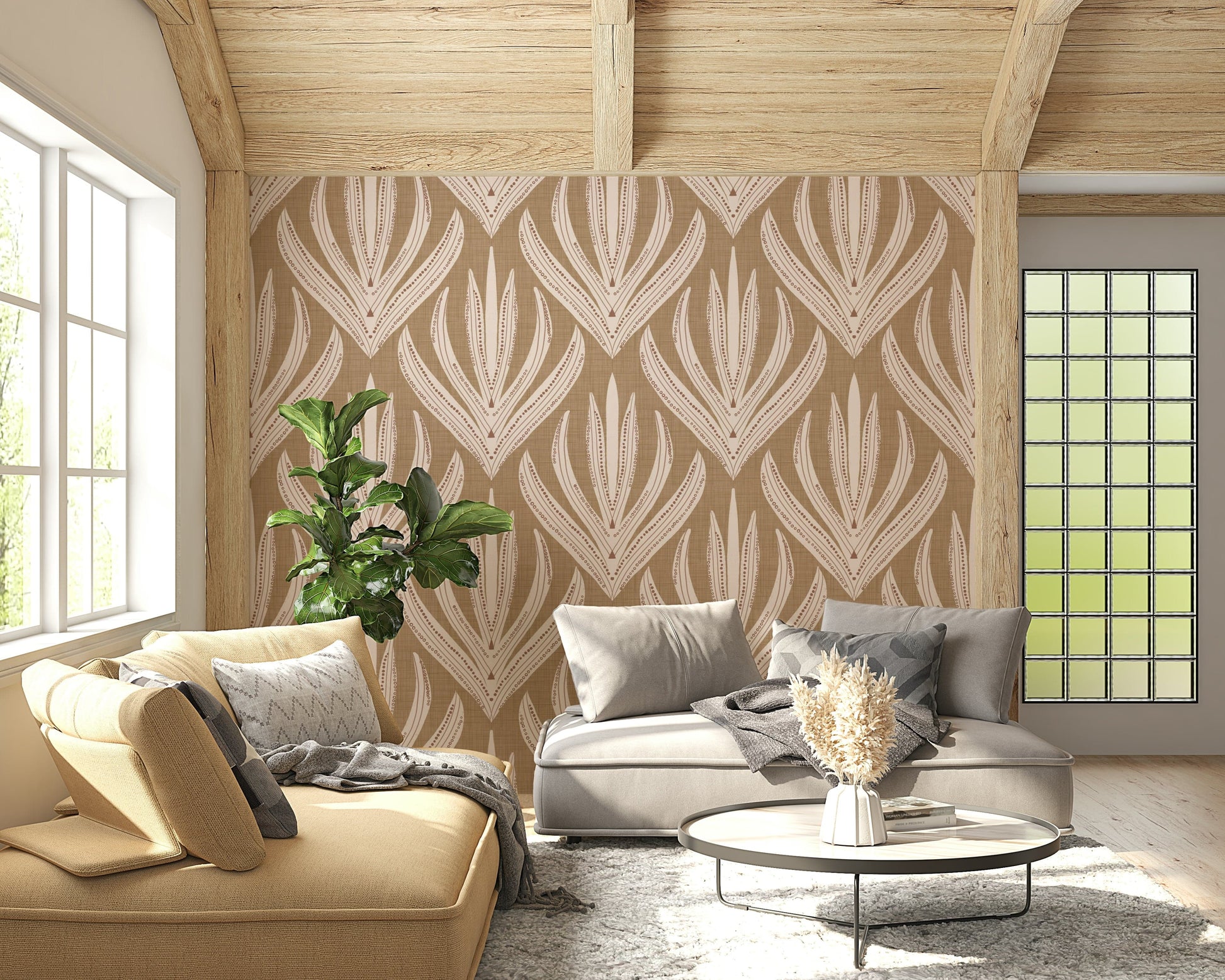 Earthy Abstract Harmony wallpaper mural with nature-inspired geometric leaf shapes in a harmonious layout.