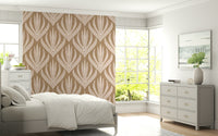 Abstract wallpaper mural with symmetrical organic shapes arranged in a repeating earthy pattern.