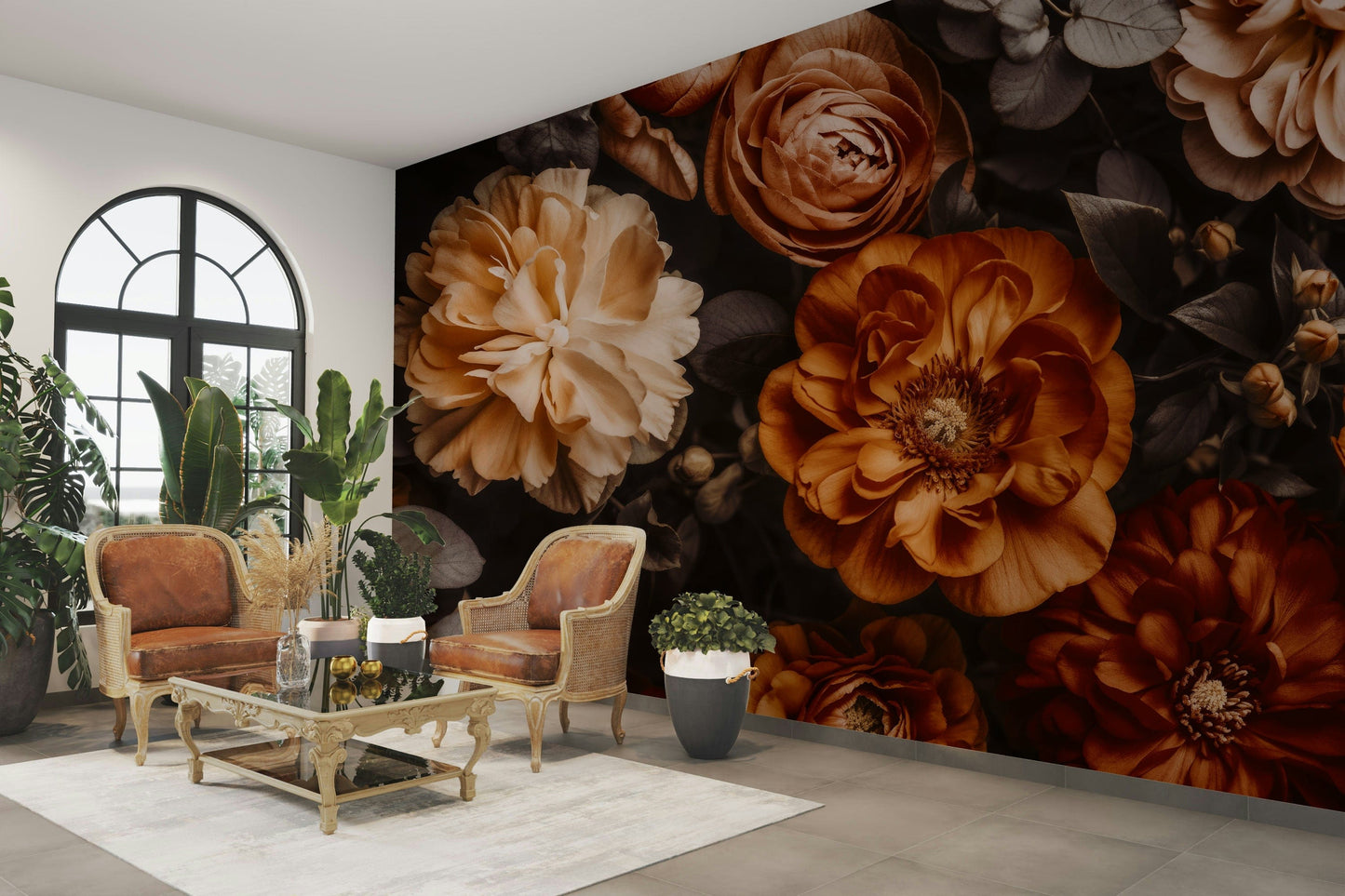 A wall mural with a repeating floral pattern.
