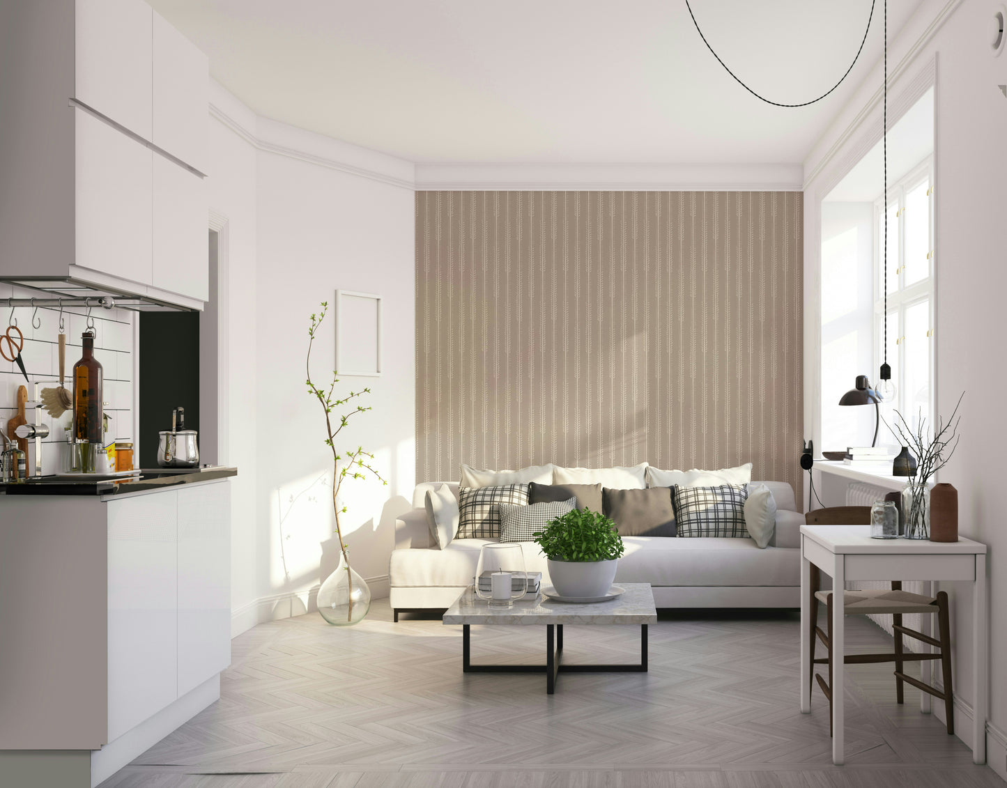 Soft brown and green striped wallpaper with foliage

