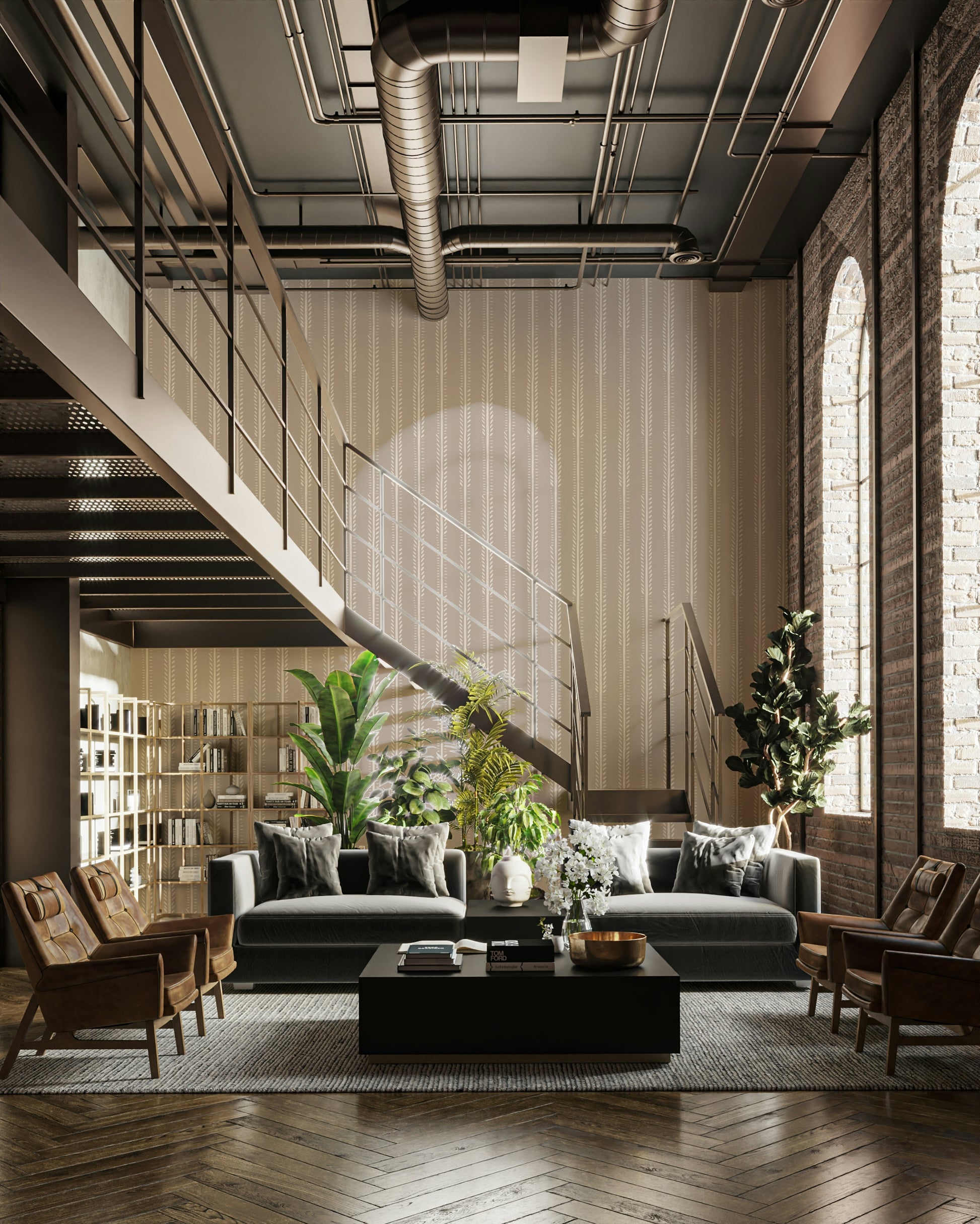 Neutral wallpaper with botanical stripes for interiors

