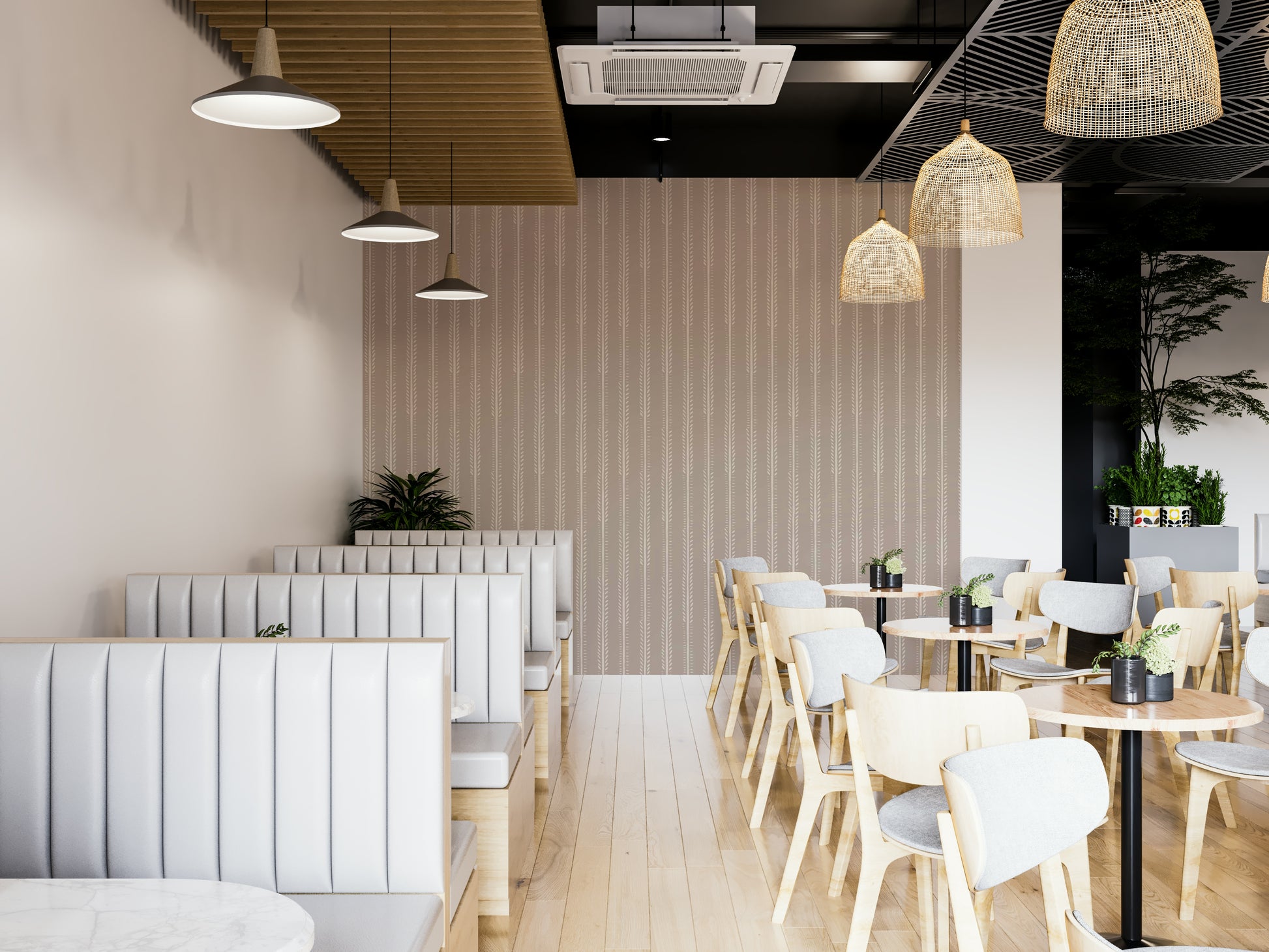 Earth-toned wallpaper with alternating plant patterns

