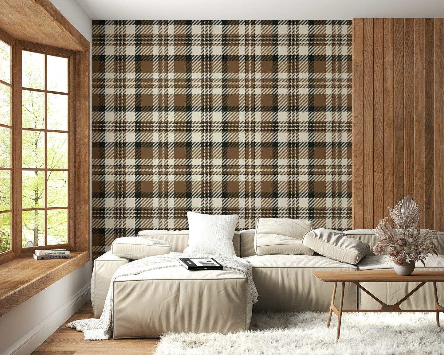 Natural-colored plaid wall mural with rustic, earthy patterns for home interiors.