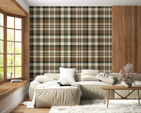 Natural-colored plaid wall mural with rustic, earthy patterns for home interiors.