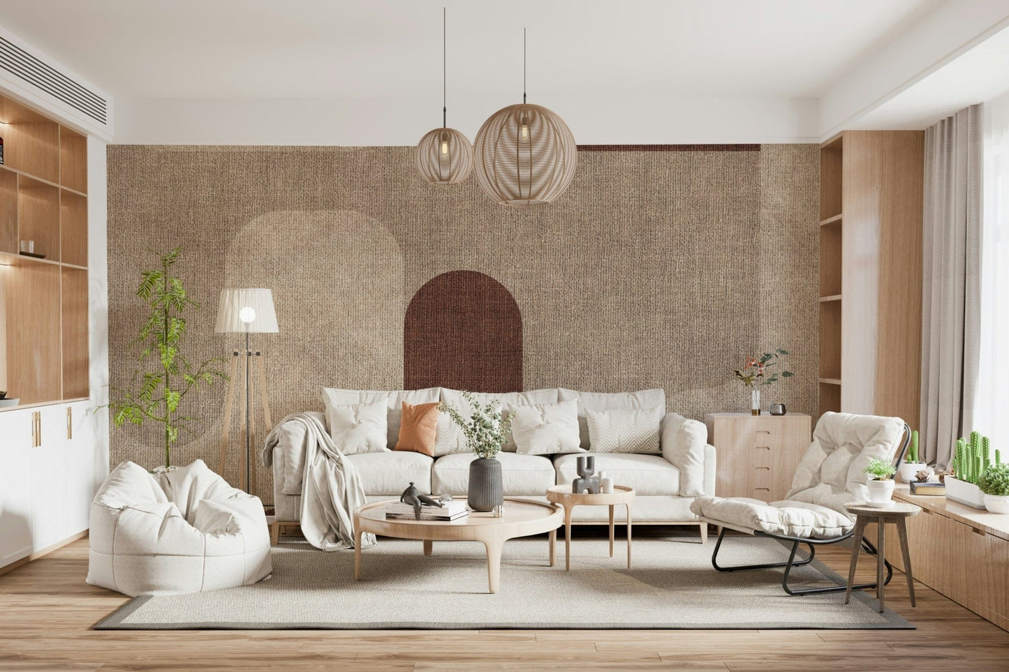 Elegant curved patterns anchor this neutral wall mural.