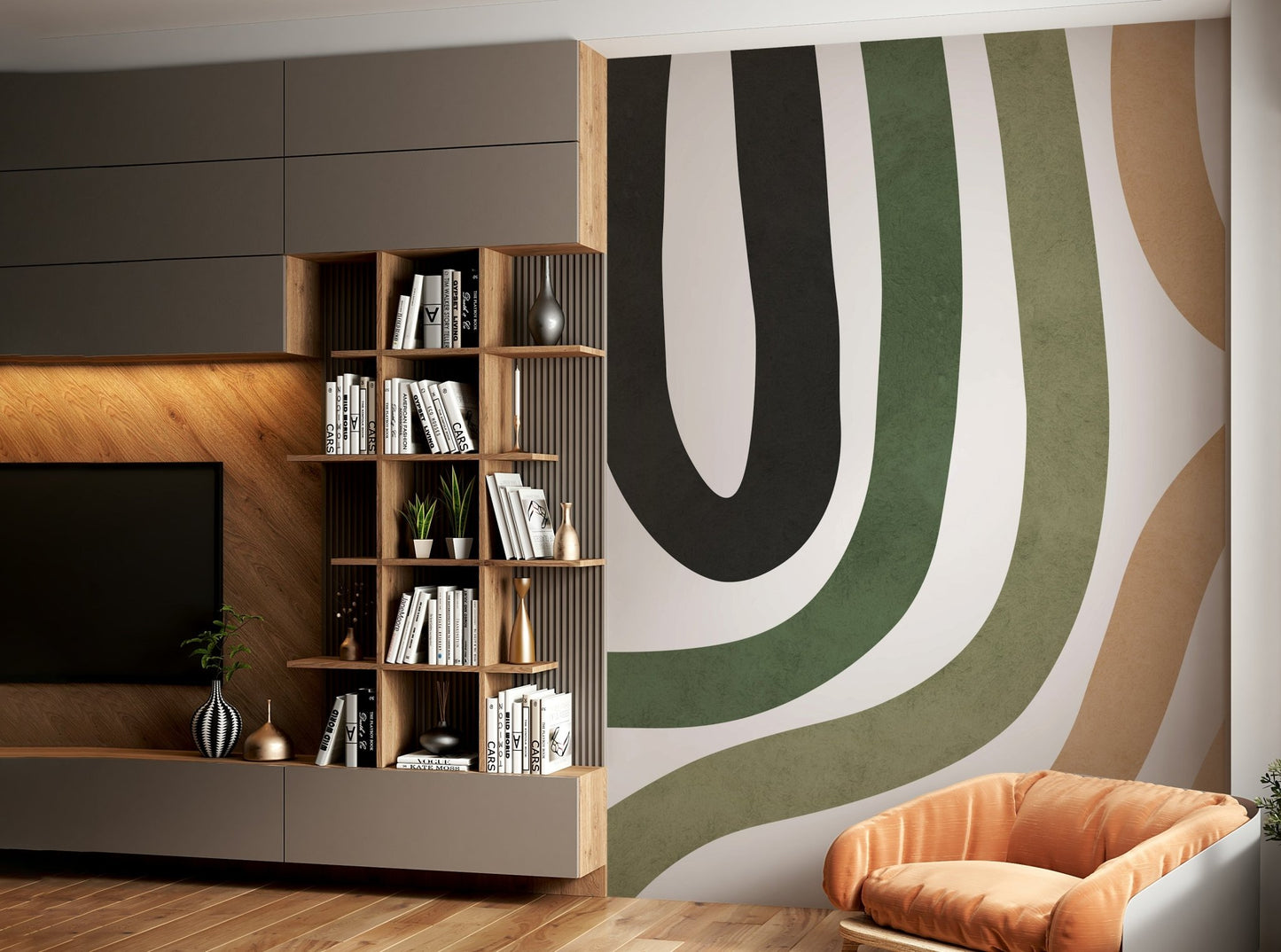 The colors are warm, earthy tones, including terracotta, beige, and sand.

