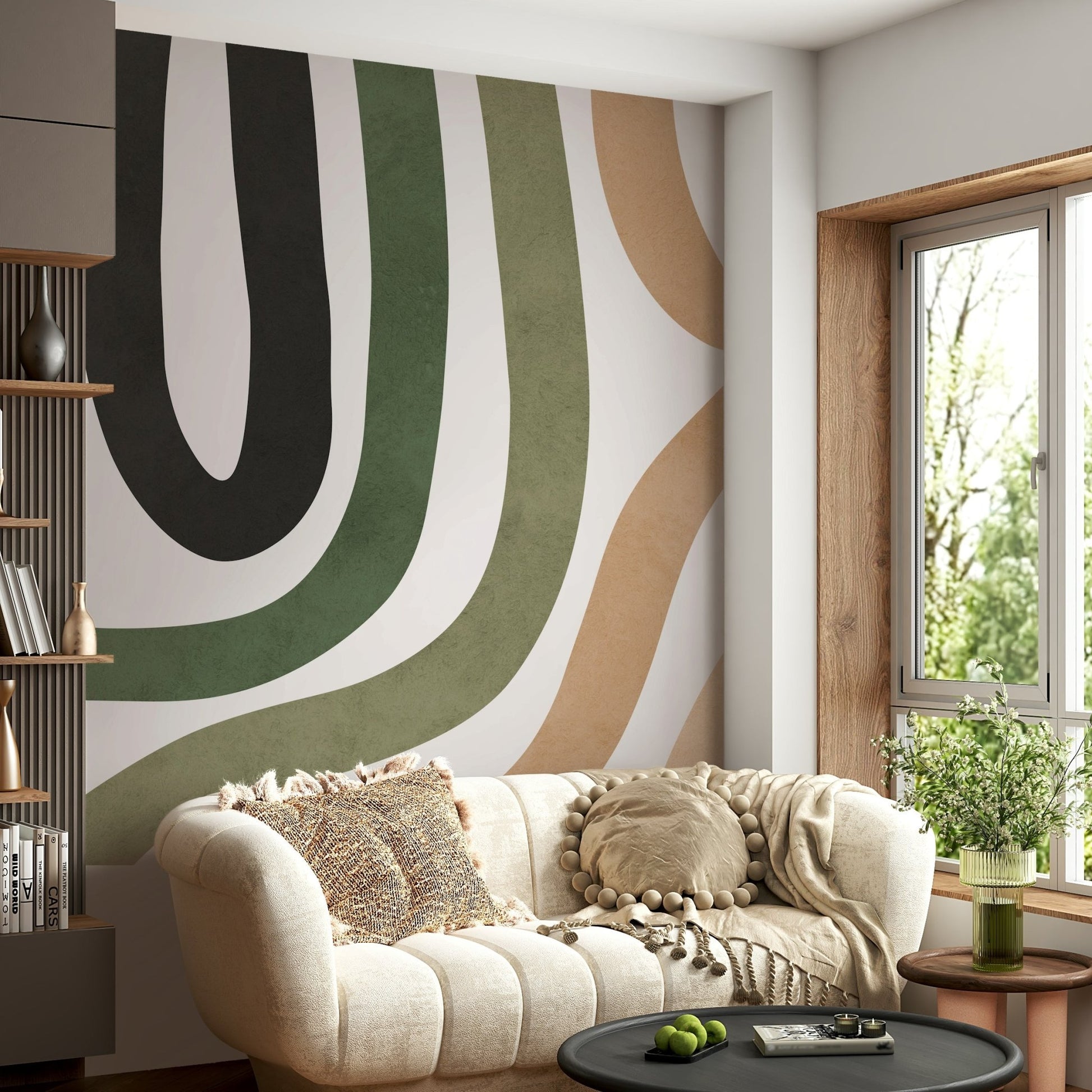 The wall mural is installed on a living room feature wall.

