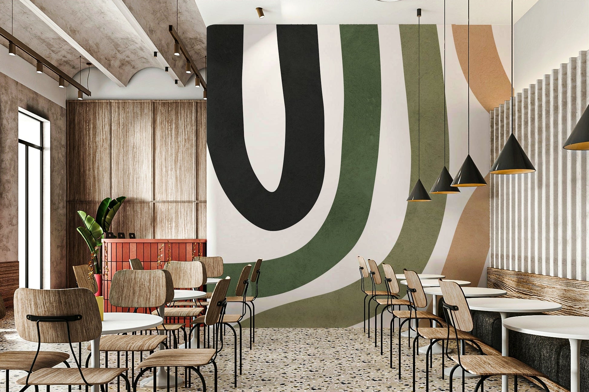 An abstract wall mural with flowing, curved shapes.

