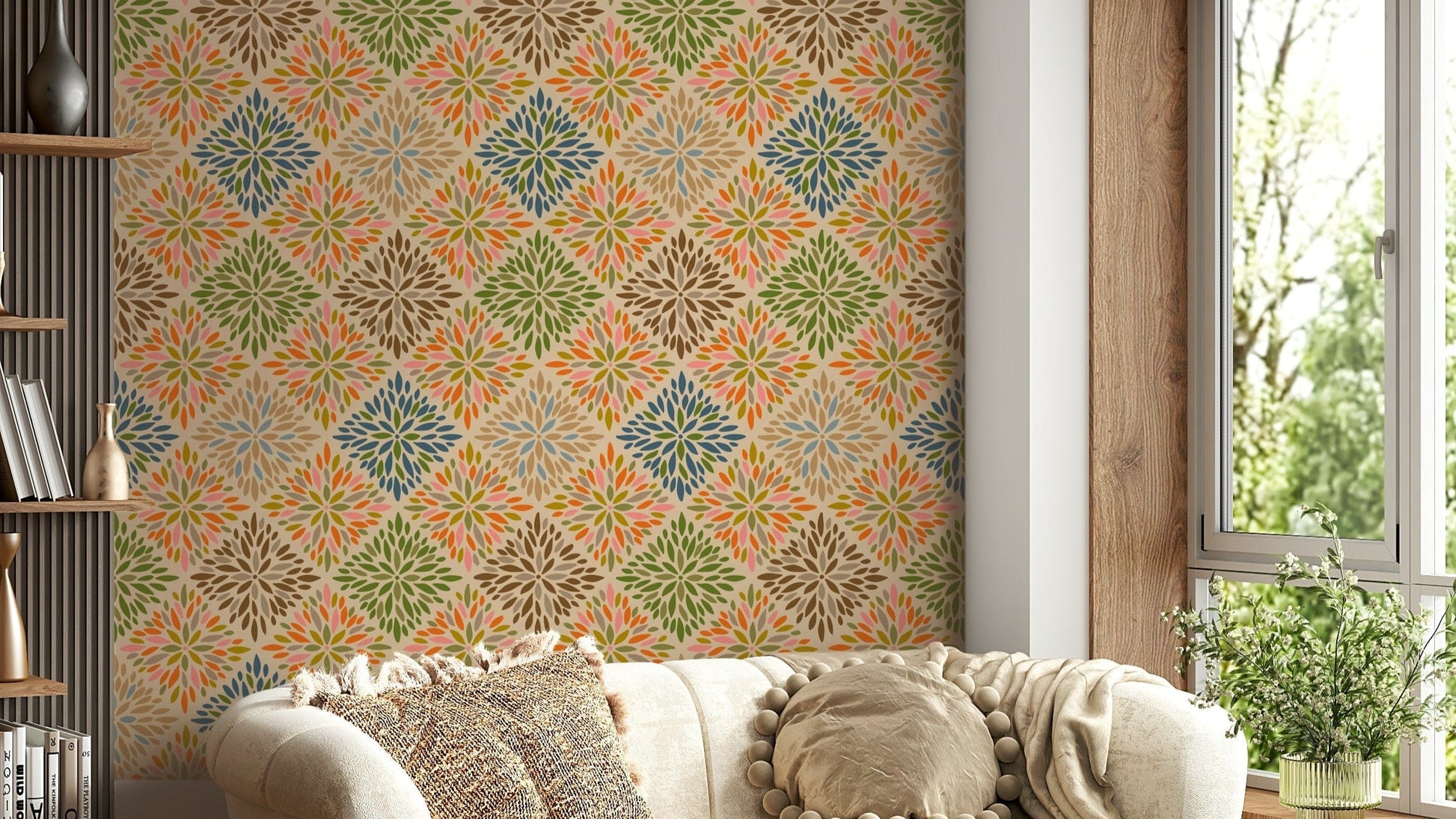 The wallpaper has an intricate, ornate pattern.

