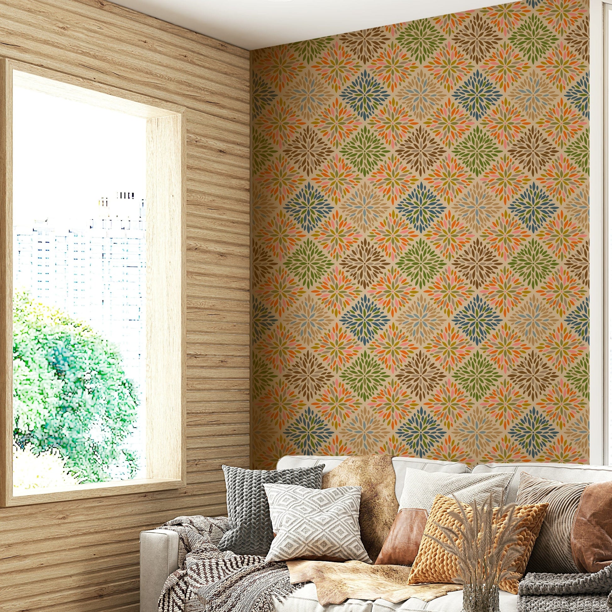 The wallpaper shows a bohemian floral design.

