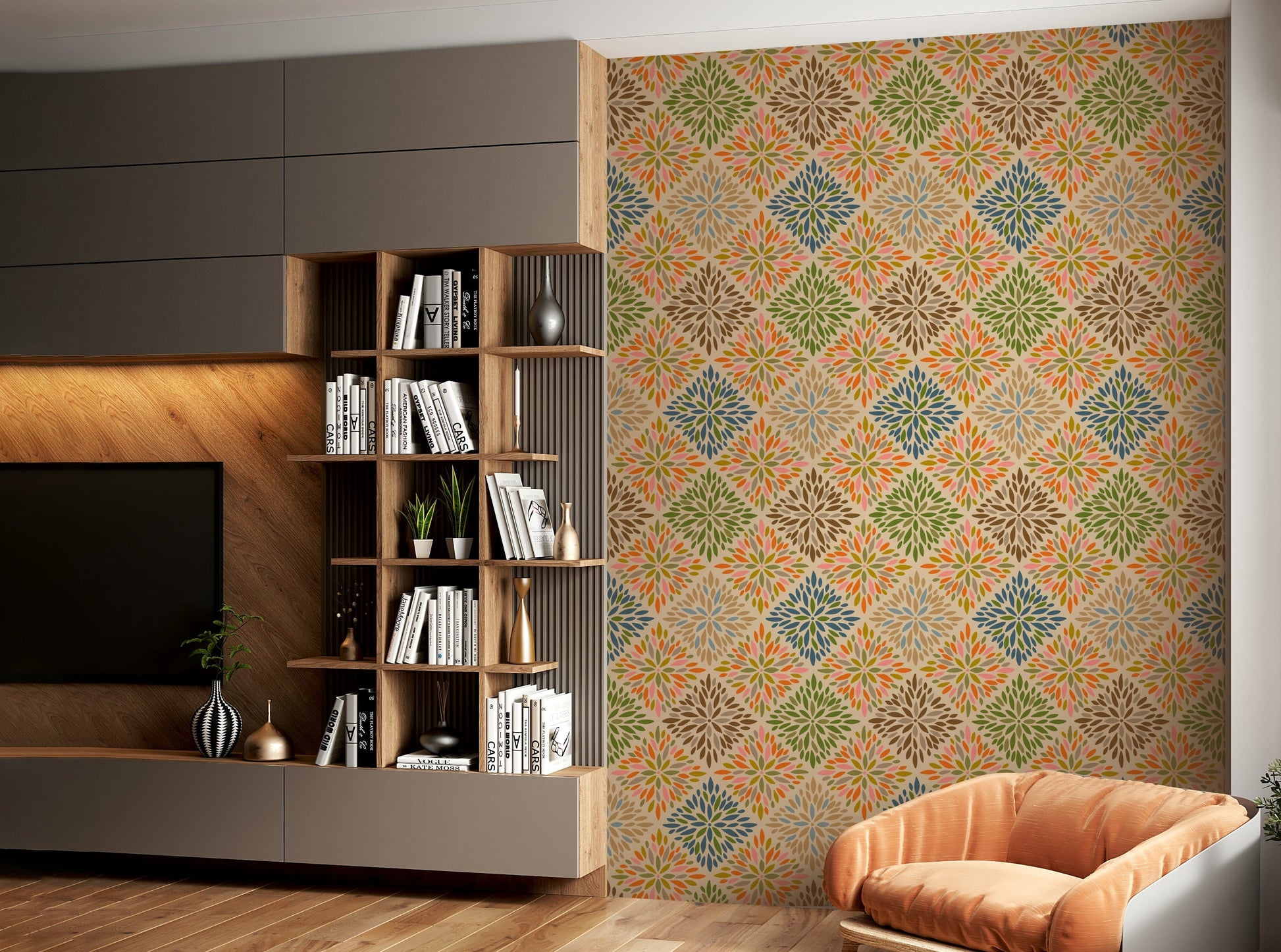 The wall art combines floral and geometric patterns.

