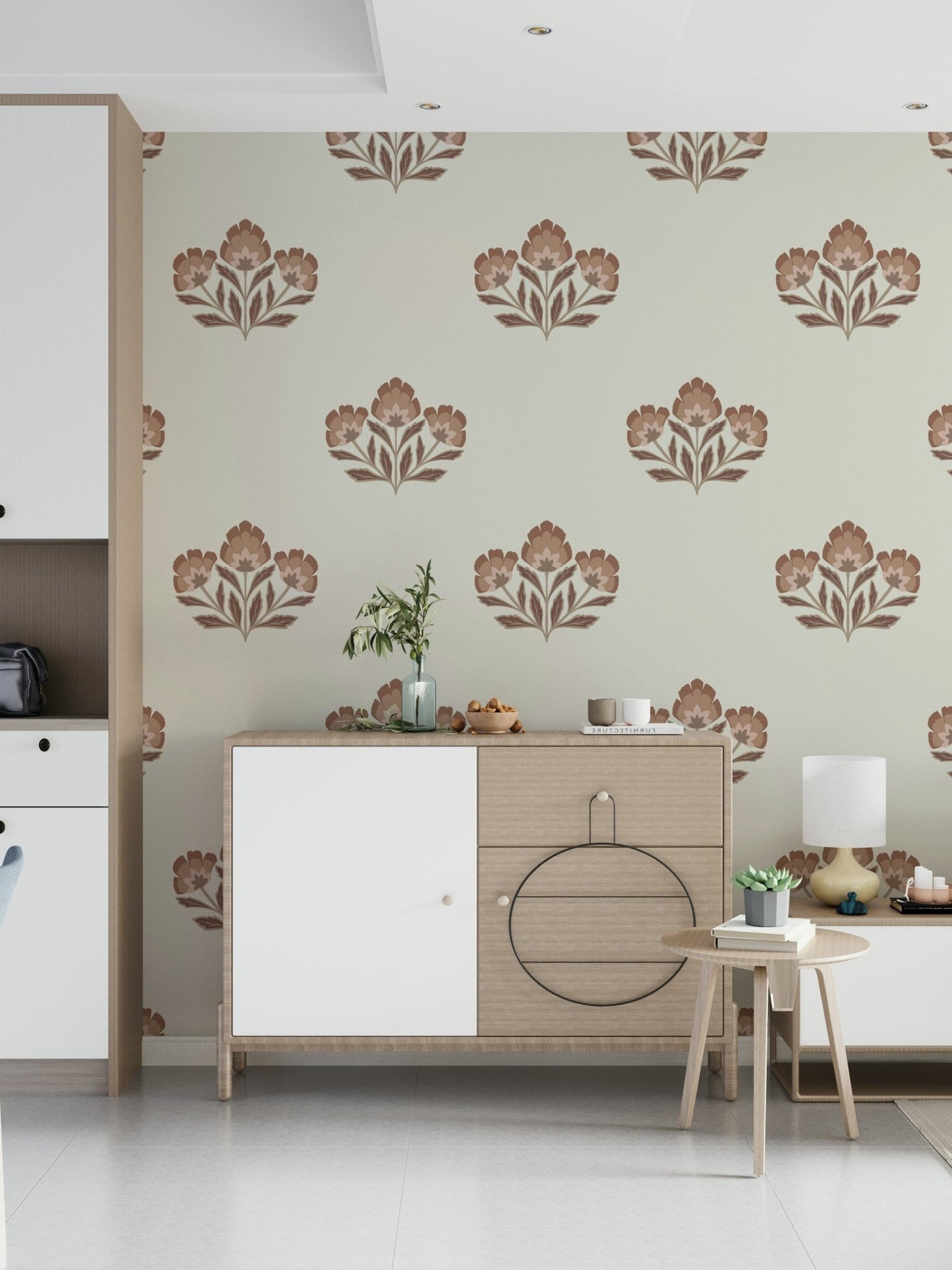 Floral patterned wall mural, serene background, Earthy Flora blossom grouping.