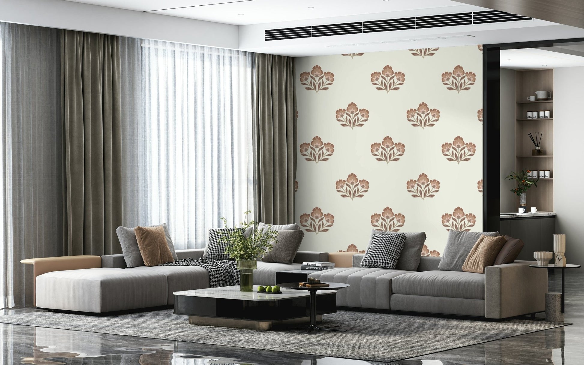 Gentle floral wallpaper, handcrafted feel, delightful Earthy Flora display.
