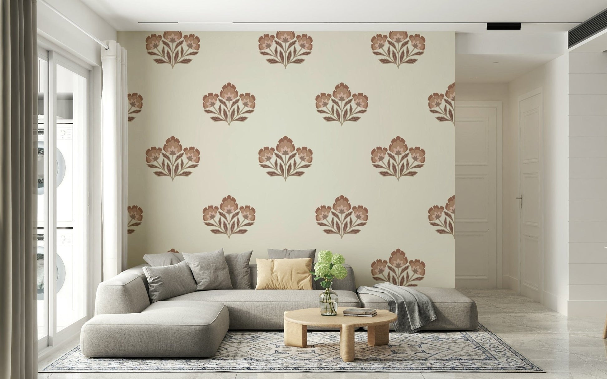 Earthy Flora wallpaper, stylized botanicals, harmonious wall décor.