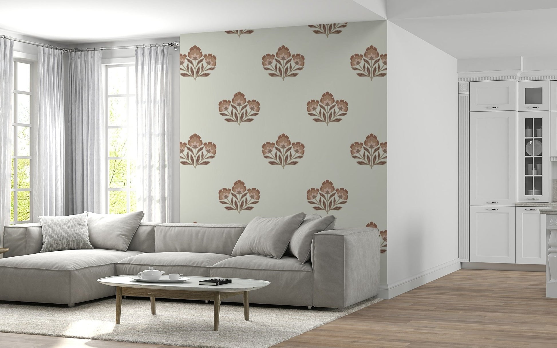 Artistic wall mural, elegant flowering plants, Earthy Flora room feature.