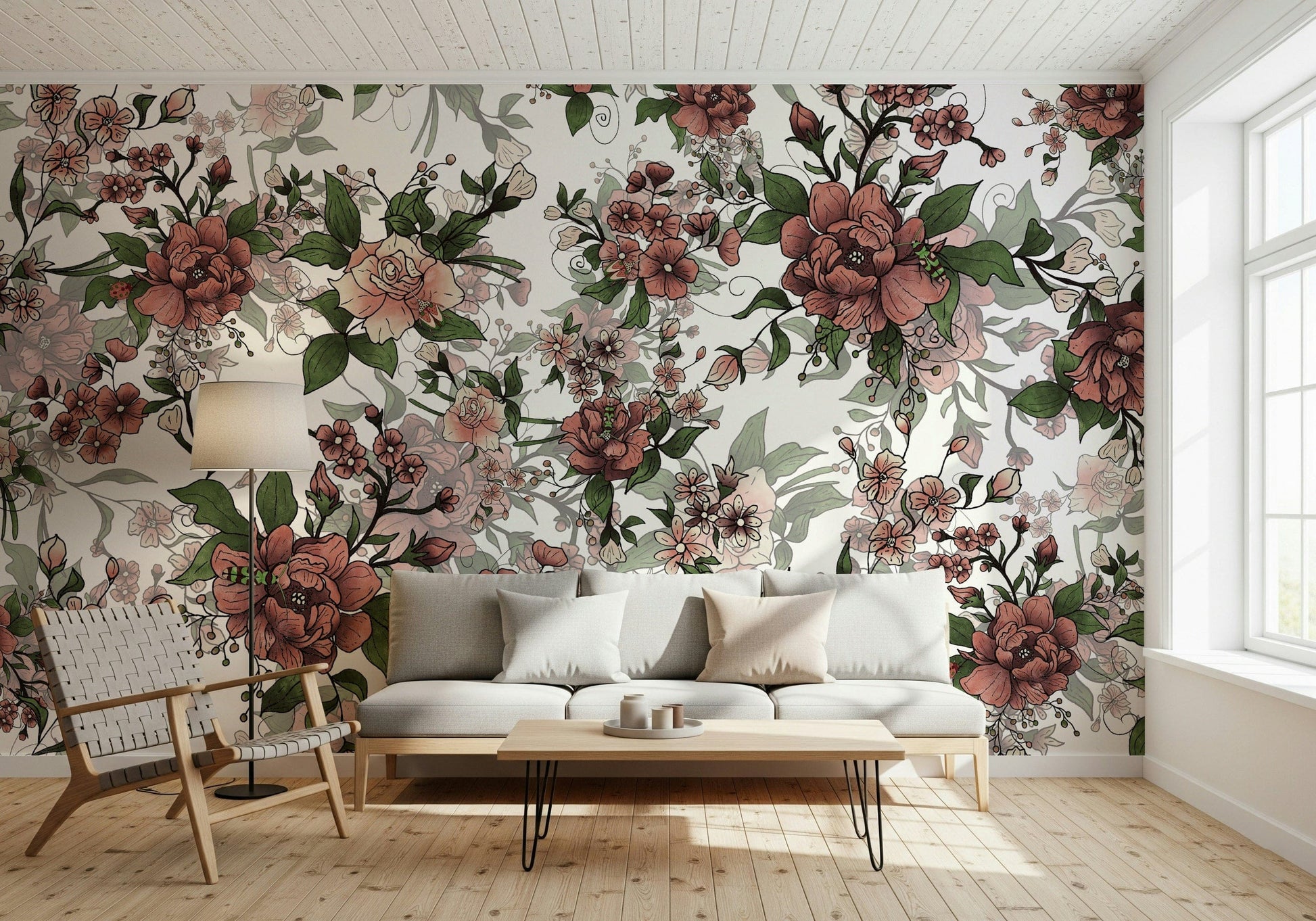 Vintage inspired bloom Garden of flowers and beetles bedroom wall mural.
