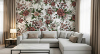 Beautiful blush blossoms wall mural Garden of flowers and beetles print.