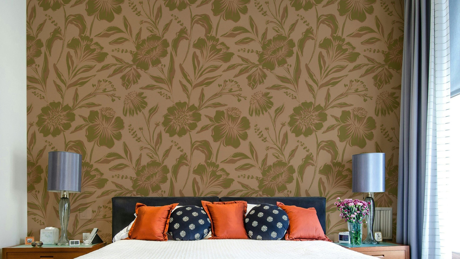 A full-wall mural showing a botanical pattern.
