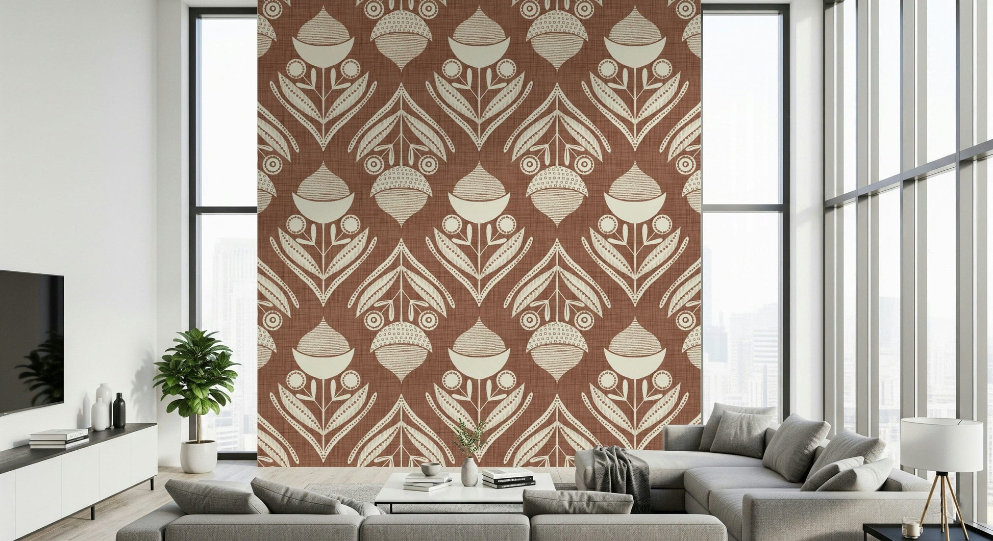 Earthy wallpaper featuring stylized blossoms and layered leaf shapes in a rhythmic repeating pattern