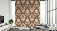 Earthy wallpaper featuring stylized blossoms and layered leaf shapes in a rhythmic repeating pattern
