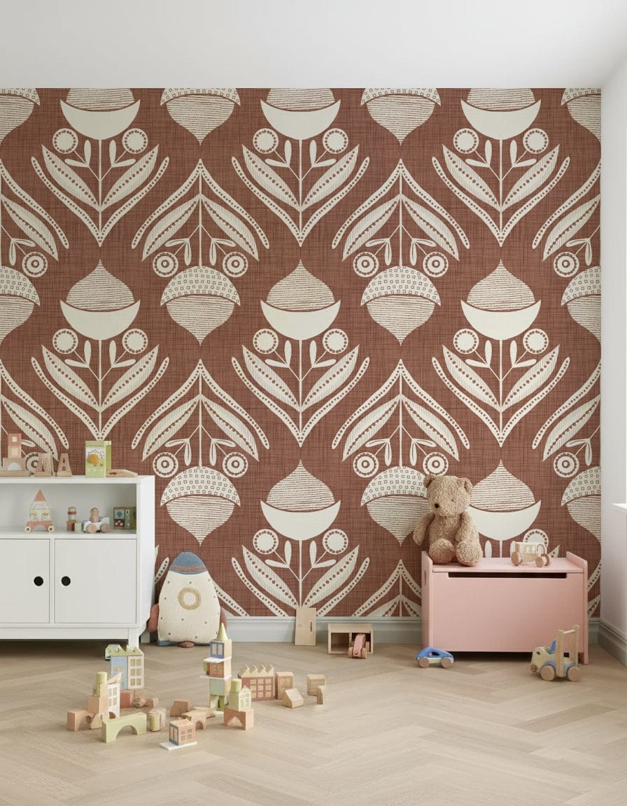 Artistic floral echo pattern with cream outlines and intricate textures on a warm brown surface