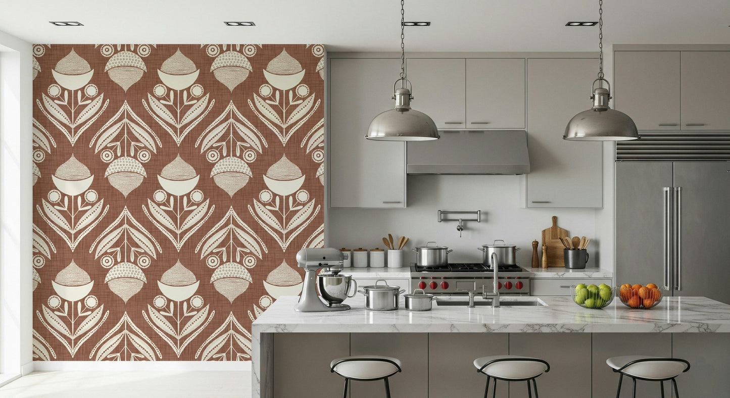 Warm terracotta wallpaper with decorative cream blooms and geometric folk-inspired accents