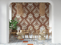 Stylized floral pattern with symmetrical blooms and curved leaves in cream over an earthy brown base
