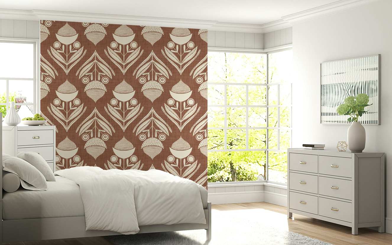 Earthy floral echo wallpaper featuring cream botanical motifs on a rich terracotta brown background