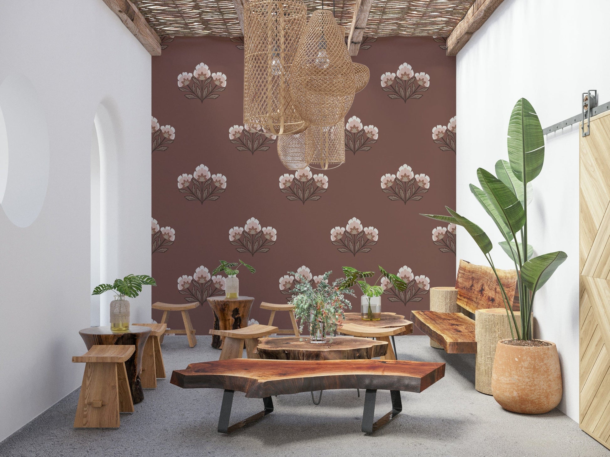 Pink Earthy wallpaper, vintage look bloom, decorative wall covering.