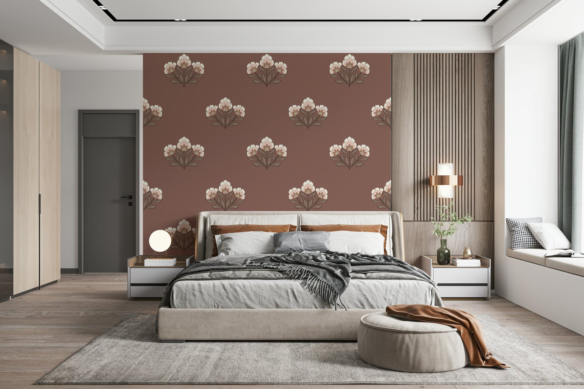 Mughal Blossom mural, artistic botanical design, warm neutral tones.