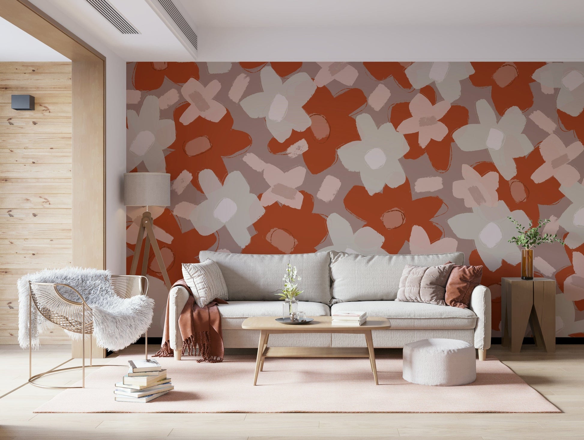 An artistic botanical garden mural on minimalist wallpaper.

