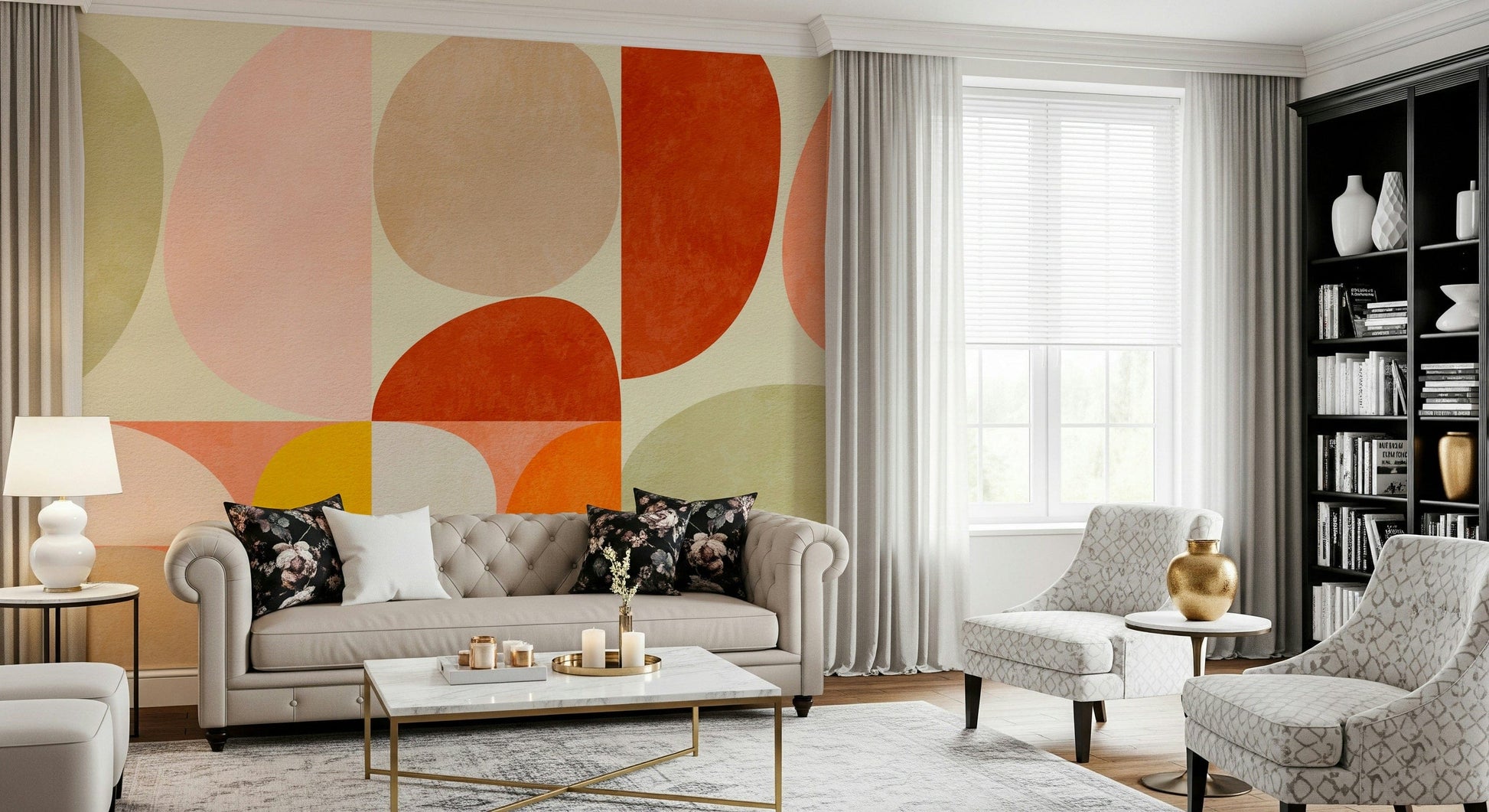 A peaceful geometric abstract mural on decorative wallpaper.

