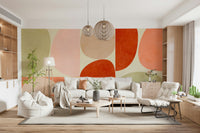 An artistic interlocking shape mural on minimalist wallpaper.


