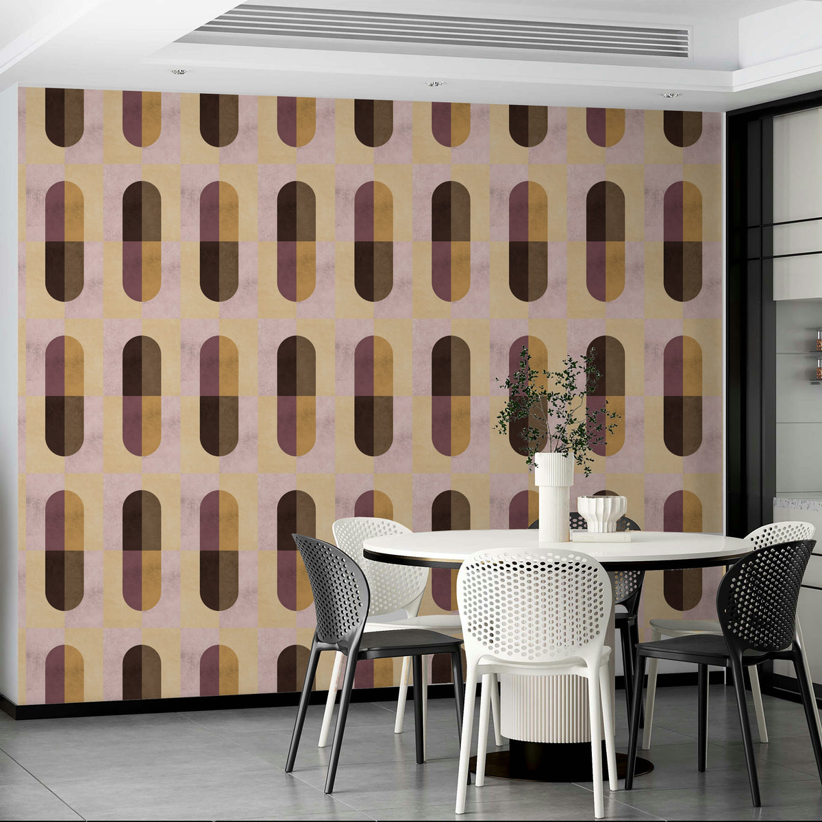 Earthy Geometric wallpaper with retro capsule shapes in a dining room with a round table and modern chairs