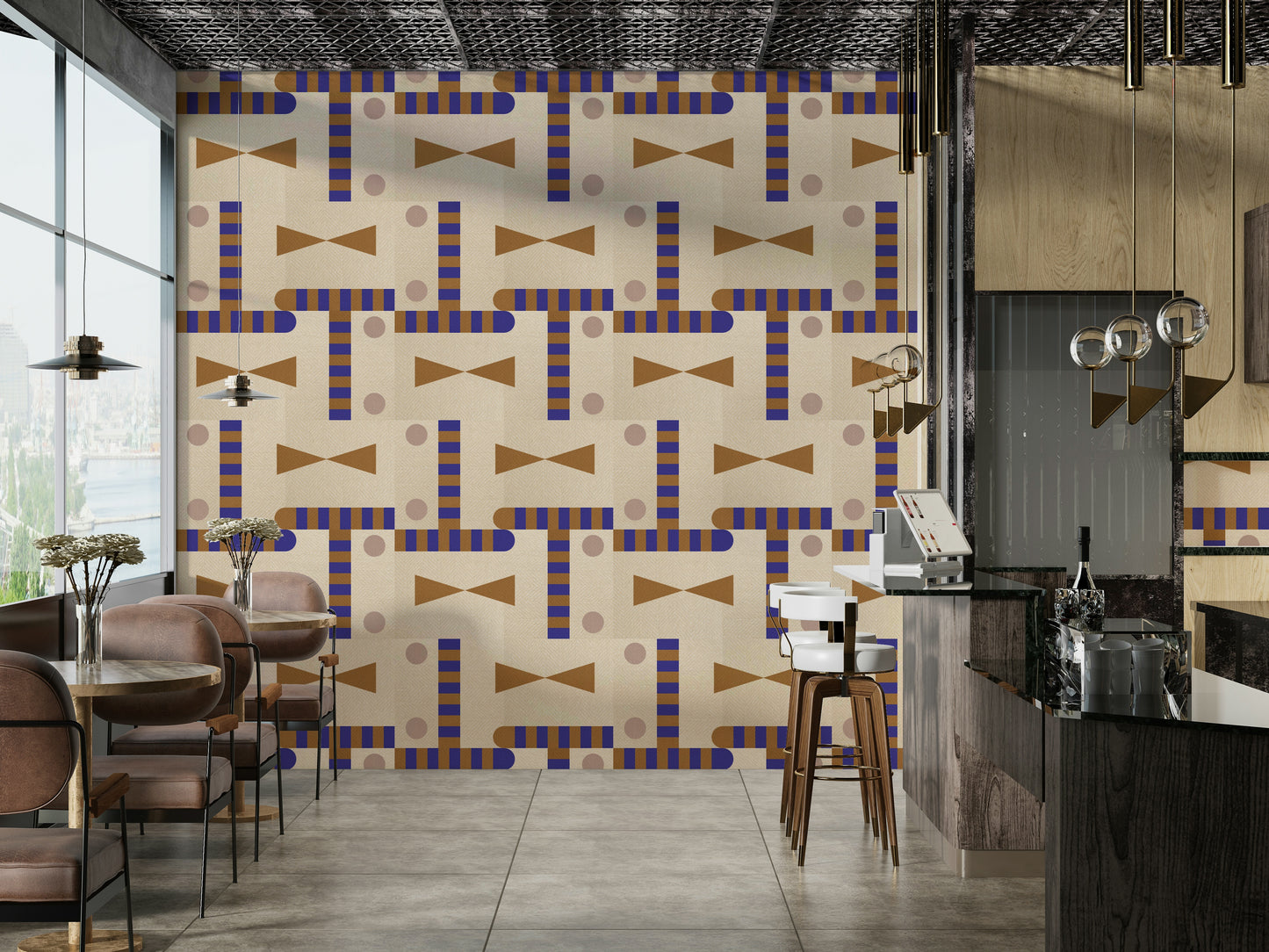 Patterned wallpaper with tribal-style motifs

