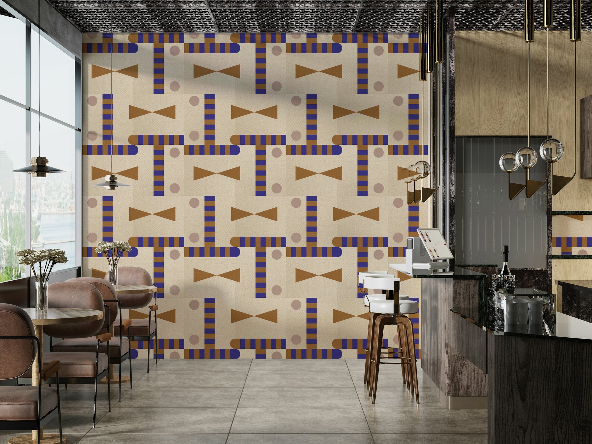 Patterned wallpaper with tribal-style motifs

