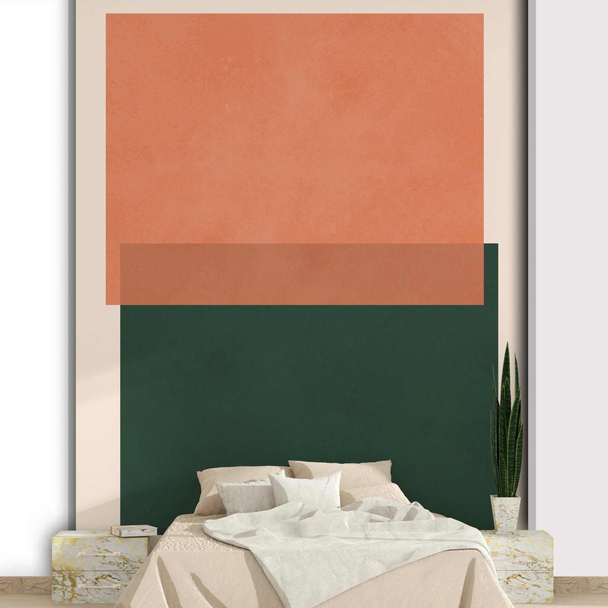 Modern home styling with a warm abstract and geometric mural.