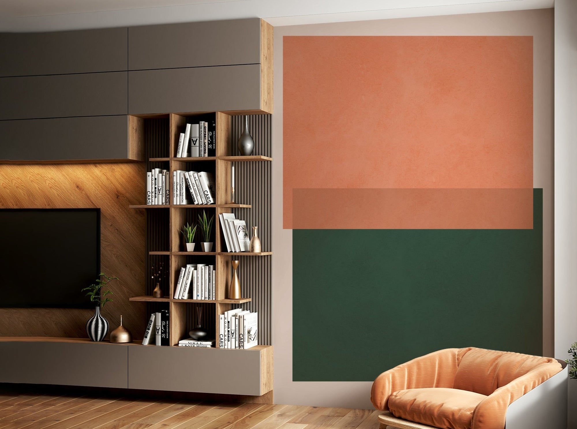 Earthy Geometry Wall Mural in an open plan living space layout.