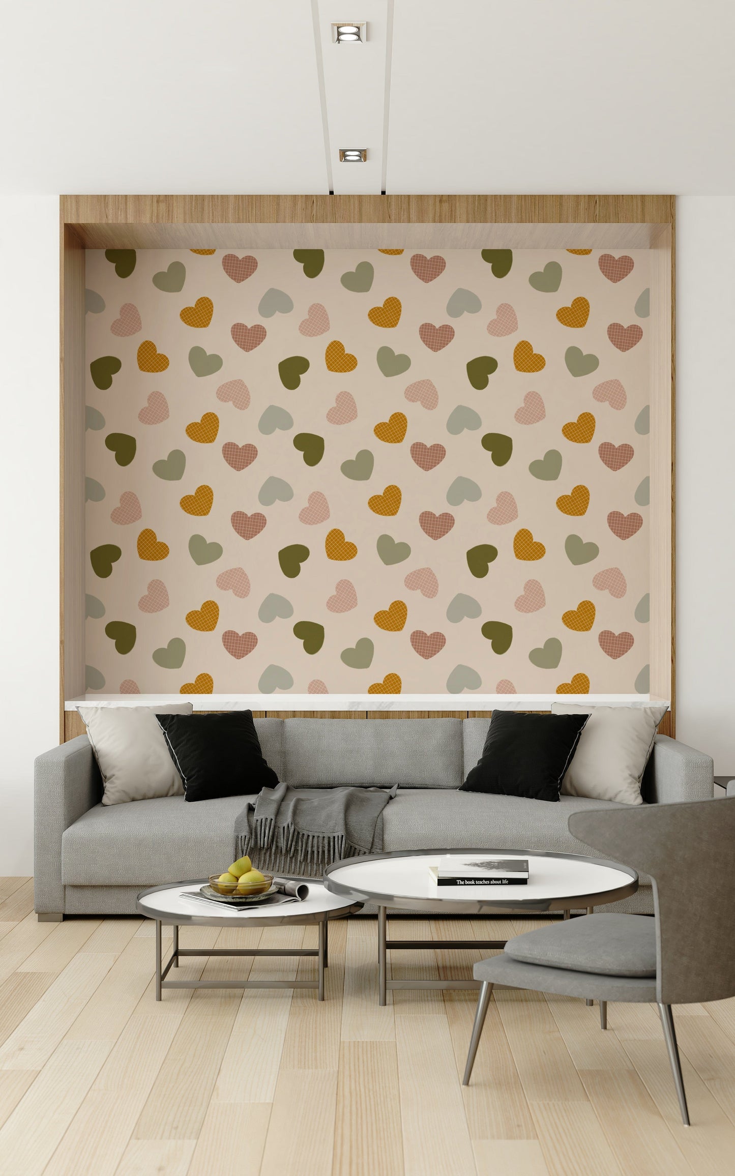 Warm-toned heart motifs dispersed across a neutral background in this heart-themed wallpaper.