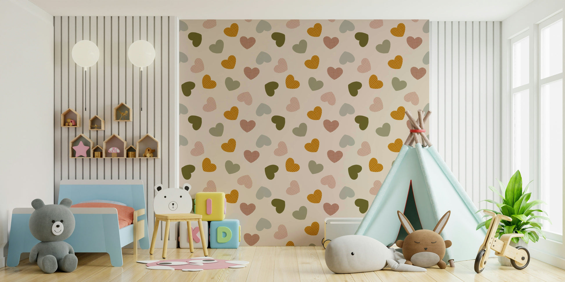 A charming Heartfelt Harmony wallpaper featuring scattered multicolored hearts with soft earthy tones.