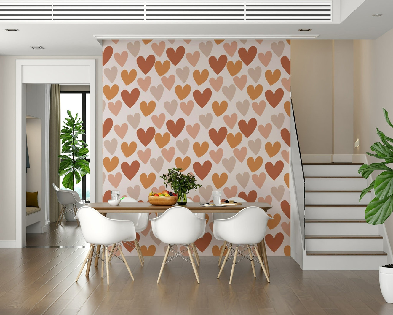 A charming heart-pattern wallpaper featuring warm terracotta and beige tones.
