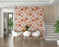 A charming heart-pattern wallpaper featuring warm terracotta and beige tones.