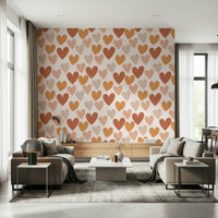 A boho-style wallpaper decorated with repeating earthy hearts in muted natural colors.