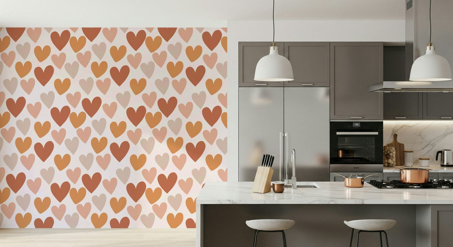 A minimalist wallpaper featuring simple heart silhouettes in warm clay and sand-inspired hues.
