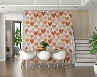 A charming heart-pattern wallpaper featuring warm terracotta and beige tones.