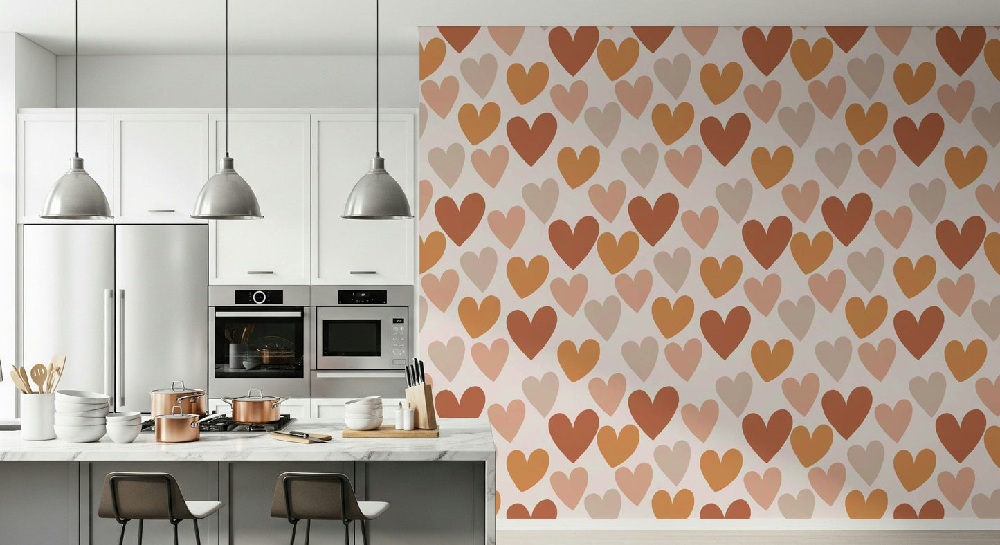 Repeating organic heart shapes in soft earthy colors create a gentle, modern wallpaper.