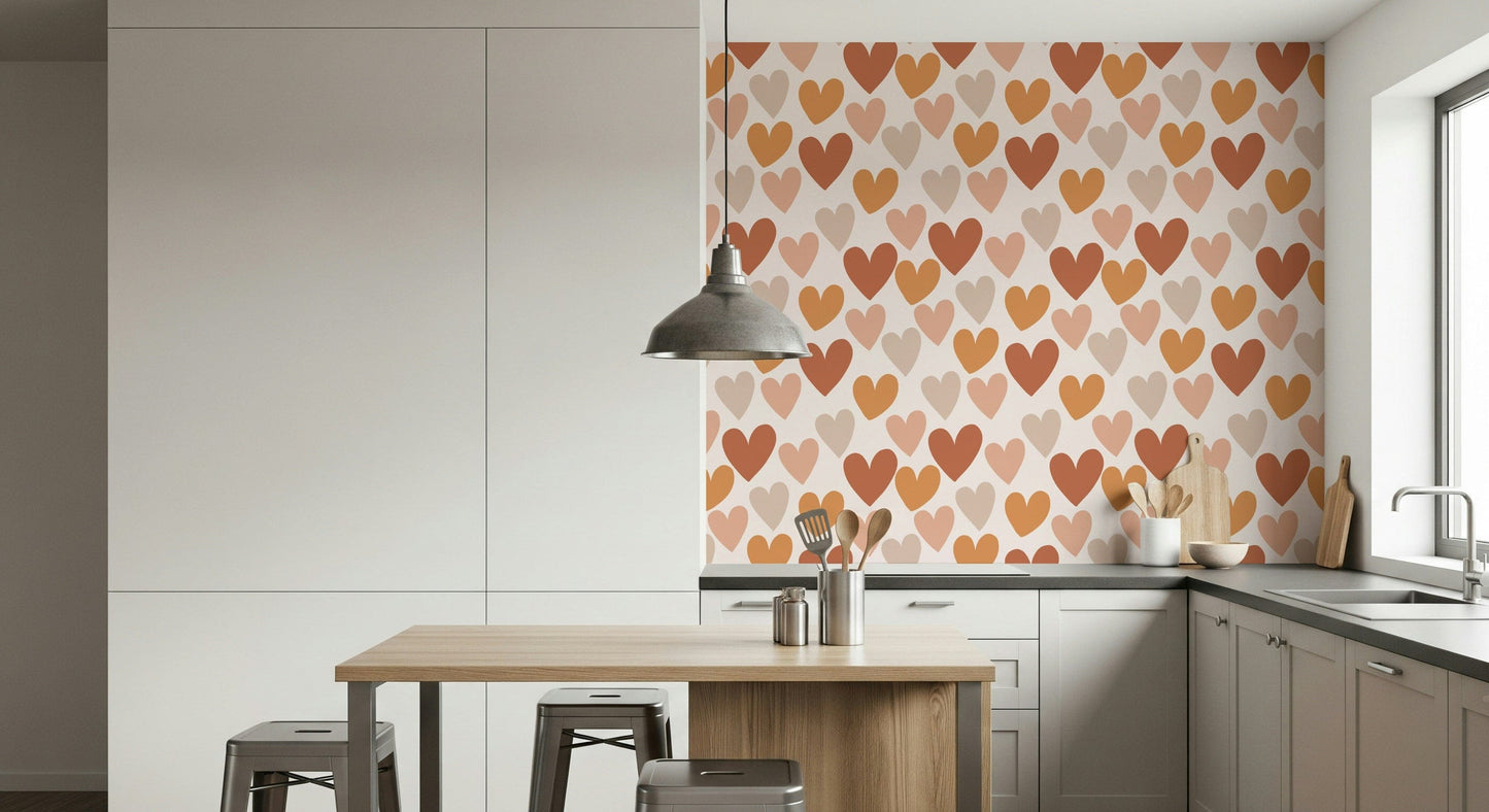 A warm earthy hearts wallpaper featuring rows of simple heart shapes in terracotta, beige, and soft peach tones.