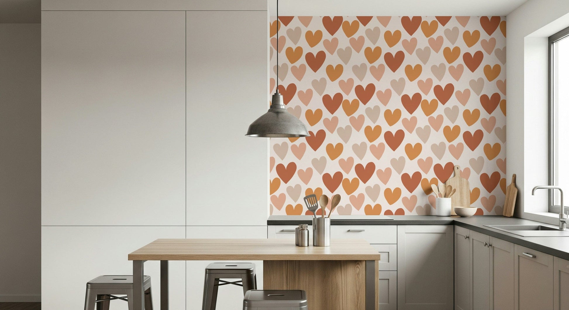 A warm earthy hearts wallpaper featuring rows of simple heart shapes in terracotta, beige, and soft peach tones.
