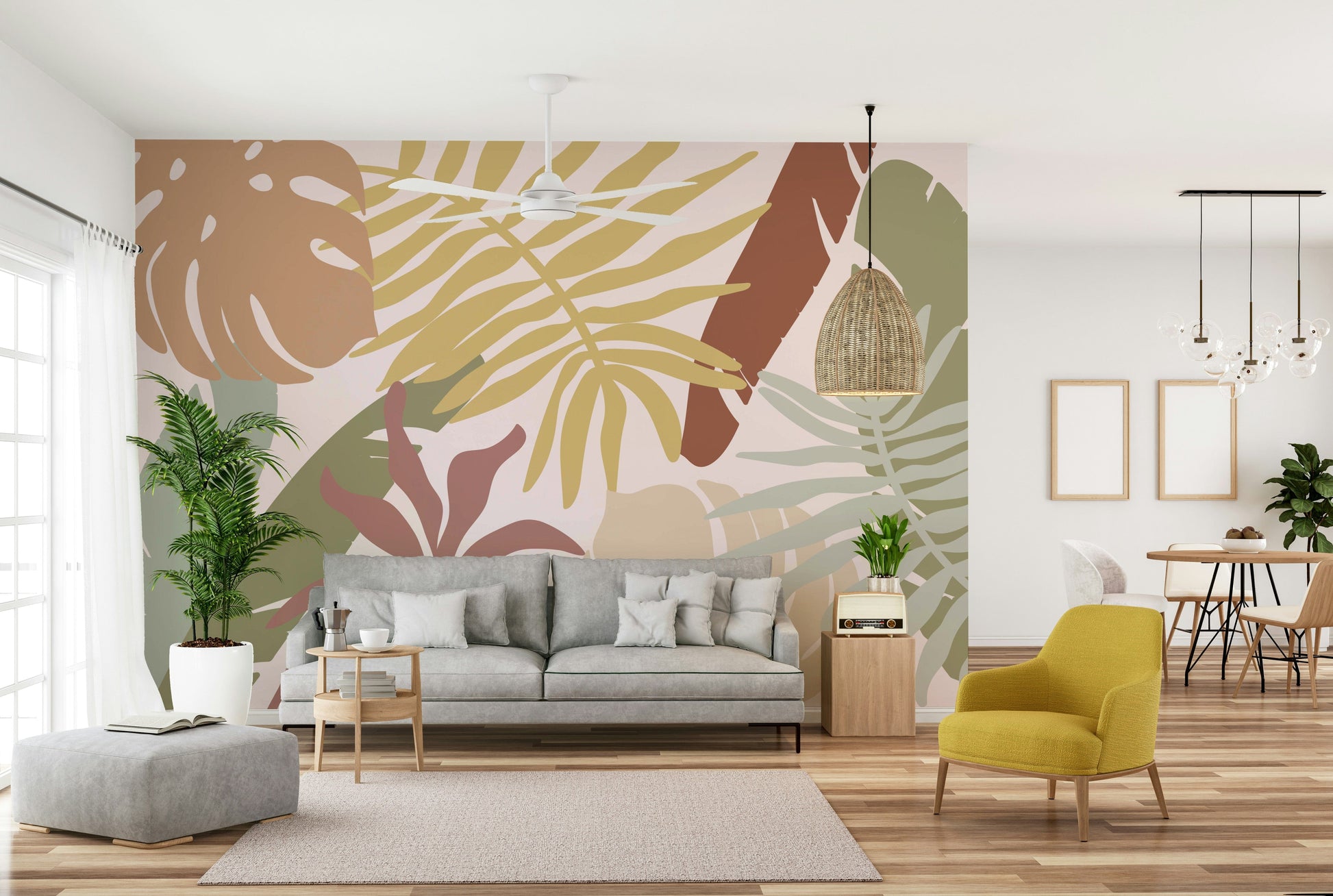 A peaceful tropical vista mural on decorative wallpaper.

